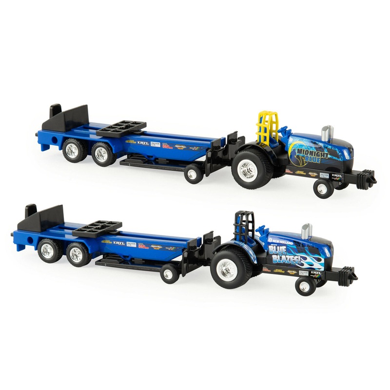 Set of 2 ~ 1/64 New Holland Blue Blazes & Midnight Blue Pulling Tractors with Sleds