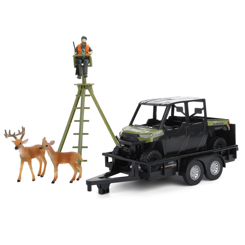 (B&D) 1/20 Polaris Ranger with ATV Trailer, Hunter, Tree Stand, and Deer by Big Country Toys-Damaged Box