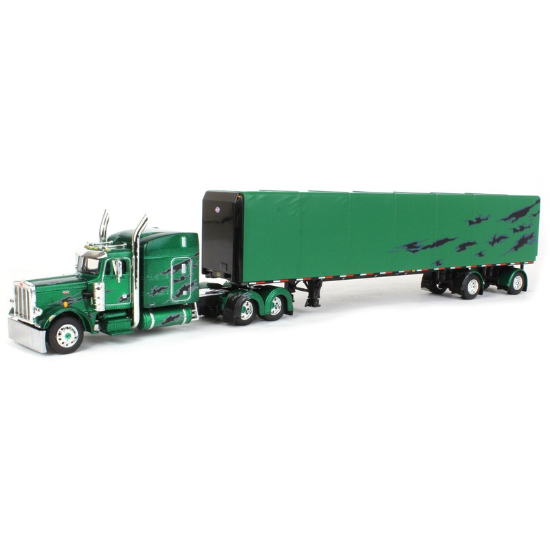 (B&D) 1/64 Green & Black Peterbilt 359 63in Mid-Roof Sleeper w/ 53ft Utility Roll Tarp Trailer, DCP by First Gear- Damaged Box