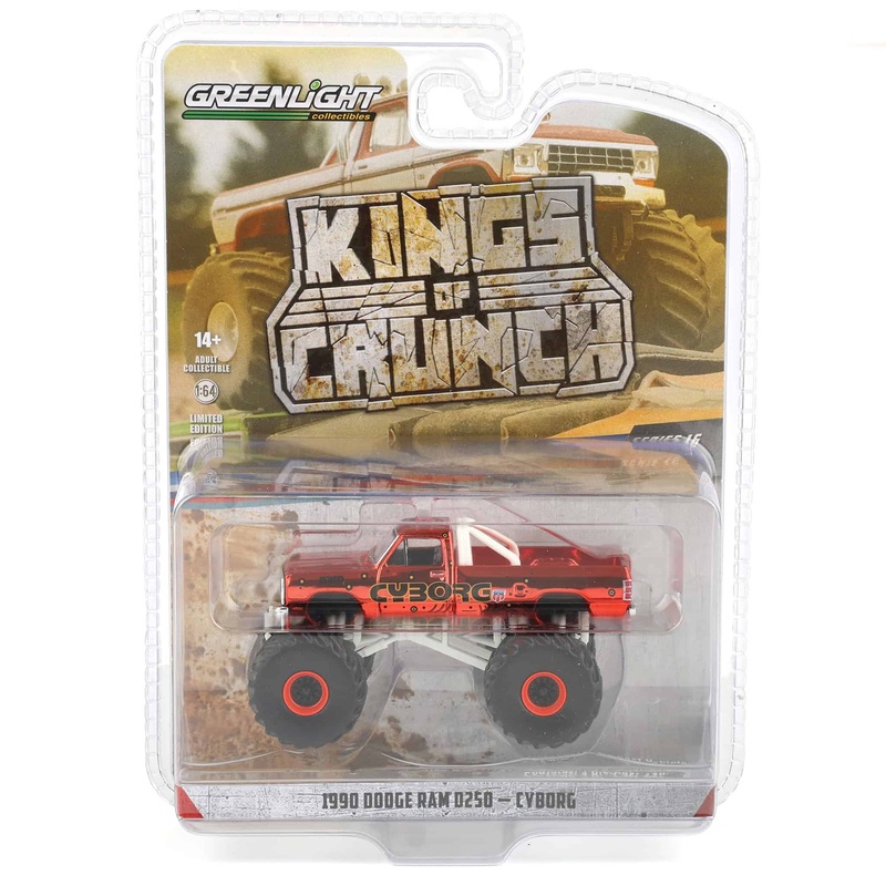 Red Chrome Chase ~ 1/64 1990 Dodge Ram D250, Cyborg, Kings of Crunch Series 16