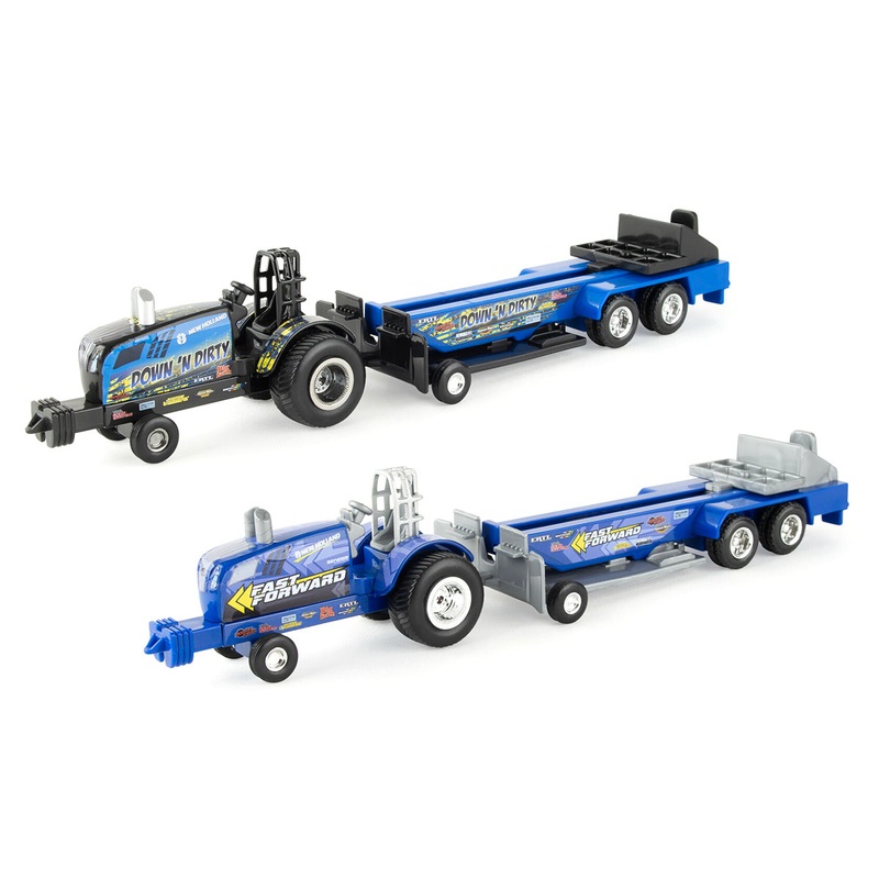 Set of 2 ~ 1/64 New Holland Down 'N Dirty & Fast Forward Pulling Tractors with Sleds
