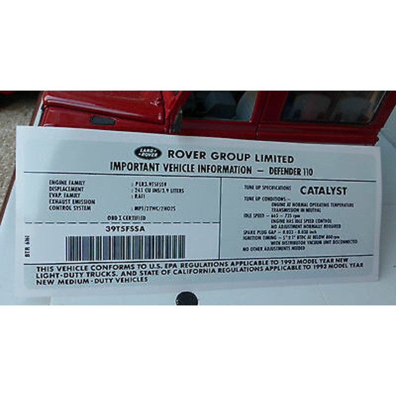 Land Rover Defender 110 NAS V8 3.9 1993- Engine Model ID Decal Sticker BTR6161