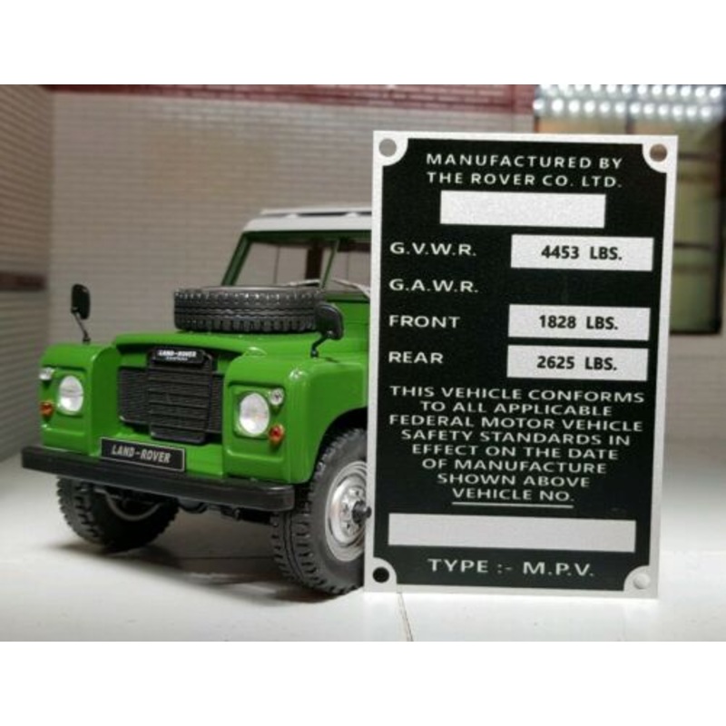 Land Rover Series Bulkhead Body NADA USA Export Compliance Plate 88 Petrol