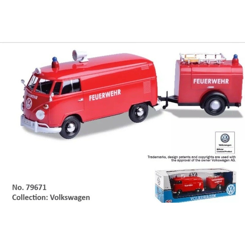 Volkswagen VW T1 Type 2 1962 Fire Van Feuerwehr & Trailer 79671 Motormax 1:24