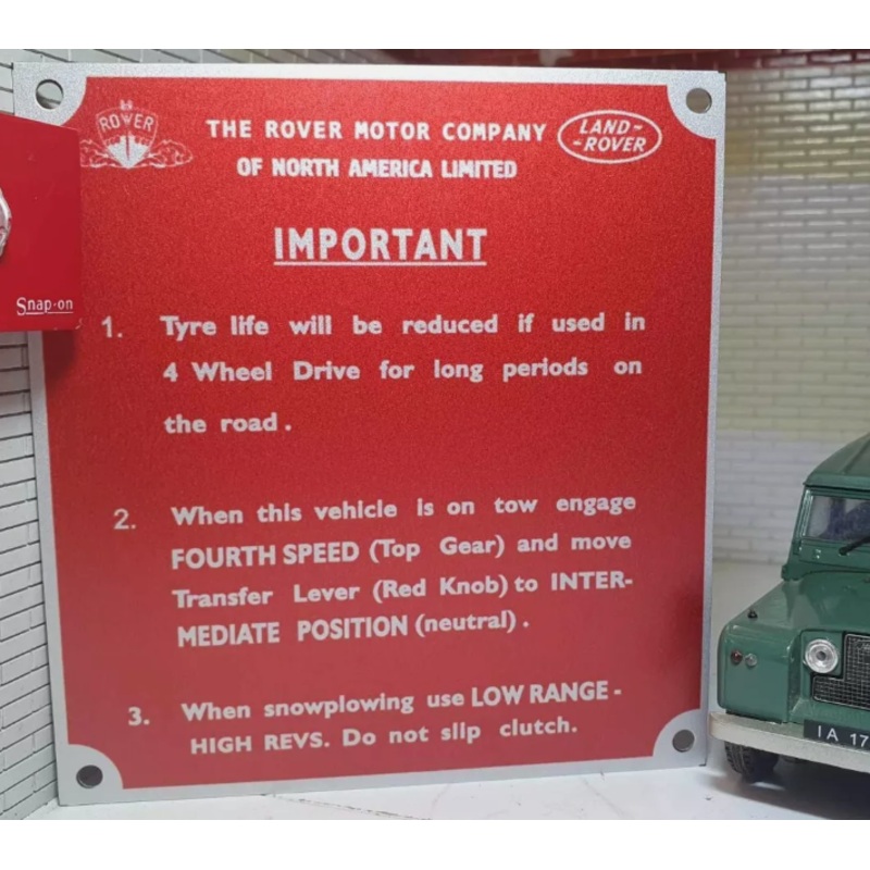 Land Rover Series NADA USA Bulkhead Chassis Snow Plough Information Plate/Plaque