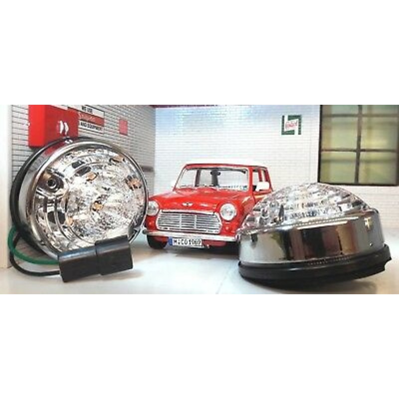 Mini Classic LED Clear Indicator Light Unit & Chrome Rim Trim Retro 12v 74mm x2