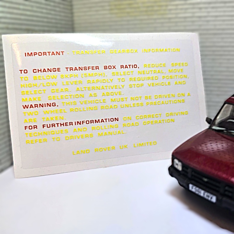 Land Rover Discovery 1 Transfer Gearbox Information Decal