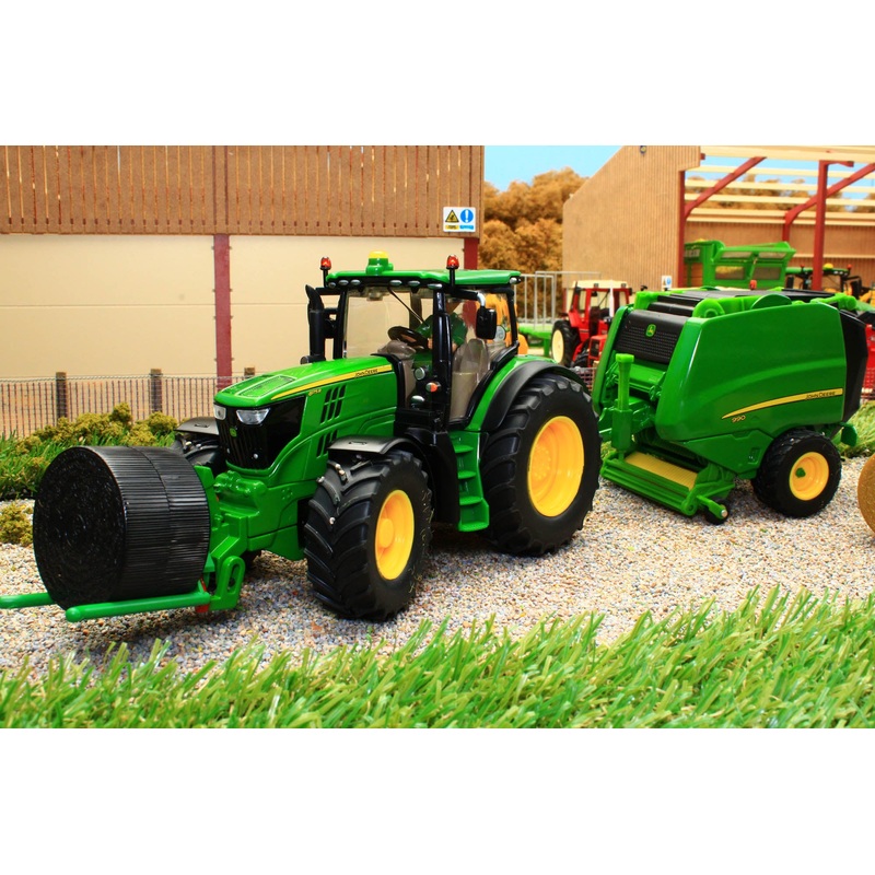3838 Siku 1:32 Scale John Deere 6175R 4WD Tractor with John Deere 990 Round Baler, Front mounted bale lifter and 2 x round bales