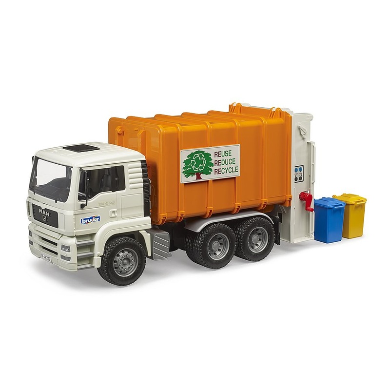 B02772 Bruder MAN TGA Recycling Truck in Orange with 2 bins