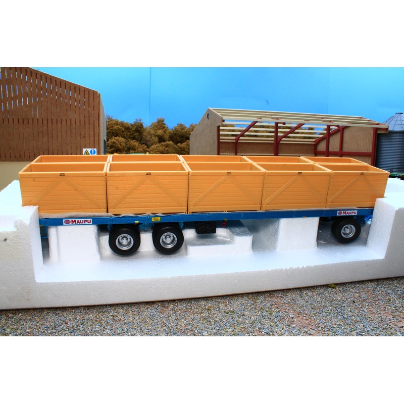 REP010 Replicagri Maupu Flat Bed Trailer in Blue with 10 Potato Boxes
