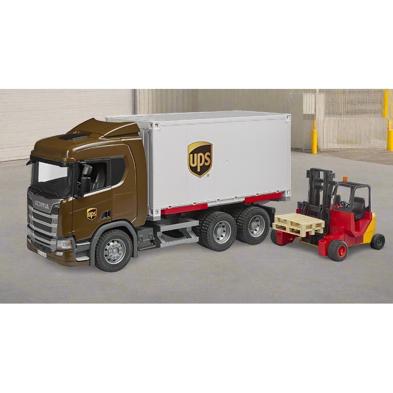 B03582 Bruder Scania Super 560R UPS logistics truck with truck-mounted forklift