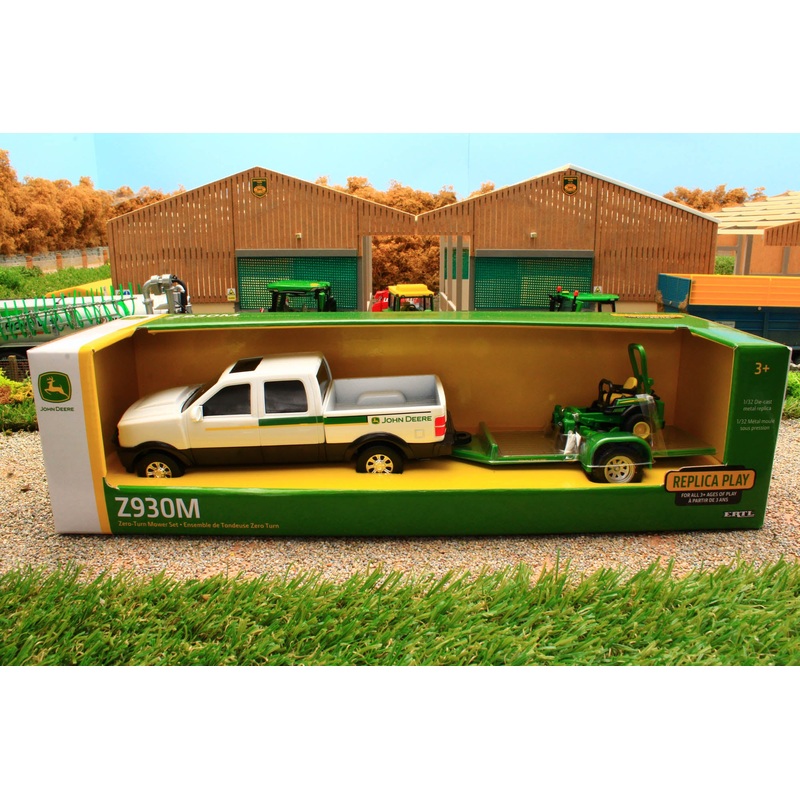 ERT45520 Ertl 1:32 Scale John Deere Pickup Truck with Utility trailer and JD Lawn Mower