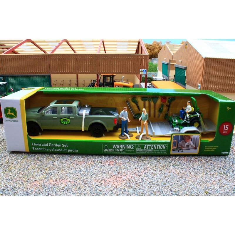 ERT47551 ERTL 1:32 Scale Lawn Care Set - 4x4 Pickup truck with flatbed trailer and John Deere mower