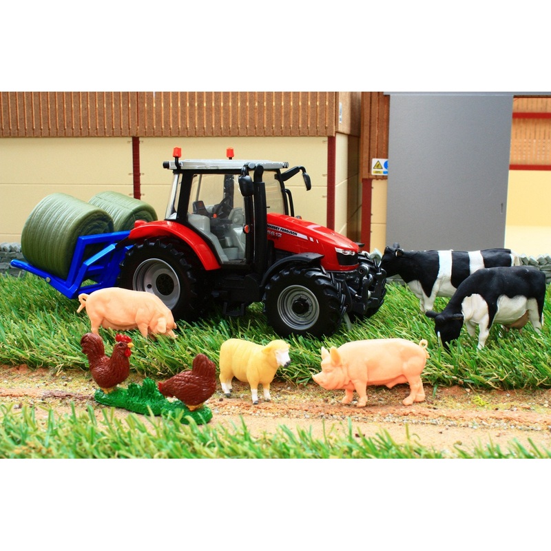 43205 Britains Build Your Farm Set Inc Massey Ferguson 5612 Tractor, Bale Carrier, Cows, Pigs, Sheep, Chickens