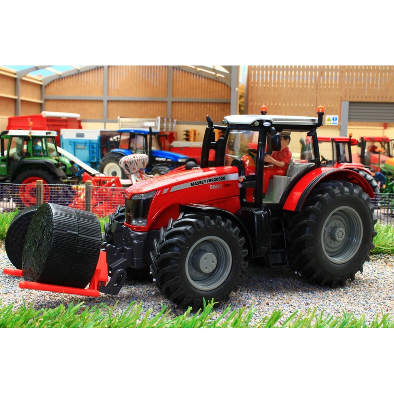 8614 SIKU MASSEY FERGUSON 8680 DYNASHIFT 4WD TRACTOR WITH DRIVER AND REMOVABLE FRONT MOUNTED ROUND BALE LIFTER  + 2 BALES