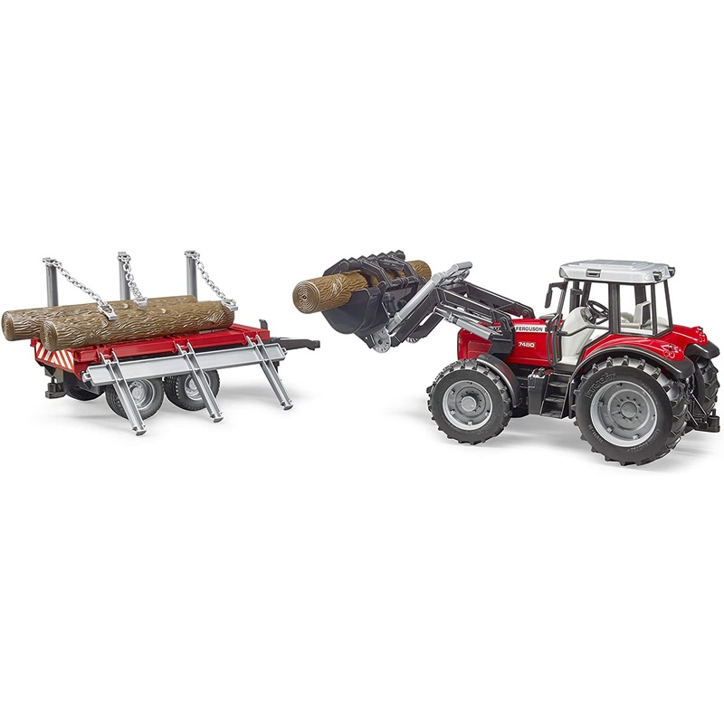 B02046 BRUDER MASSEY FERGUSON + FRONT LOADER AND TIMBER TRAILER