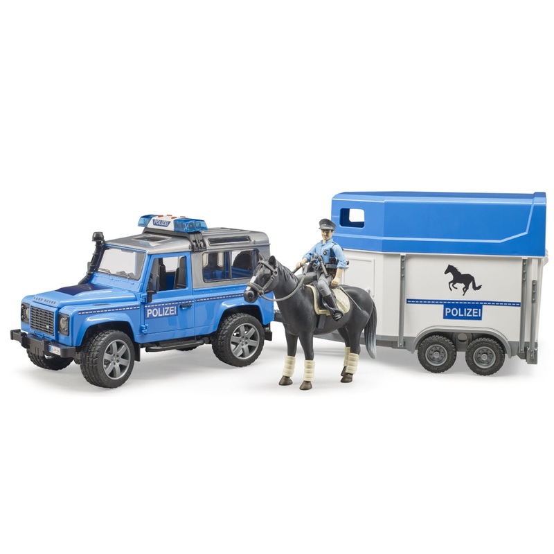 B02588 BRUDER LAND ROVER DEFENDER STATION WAGON POLICE WITH HORSEBOX, HORSE AND POLICEMAN