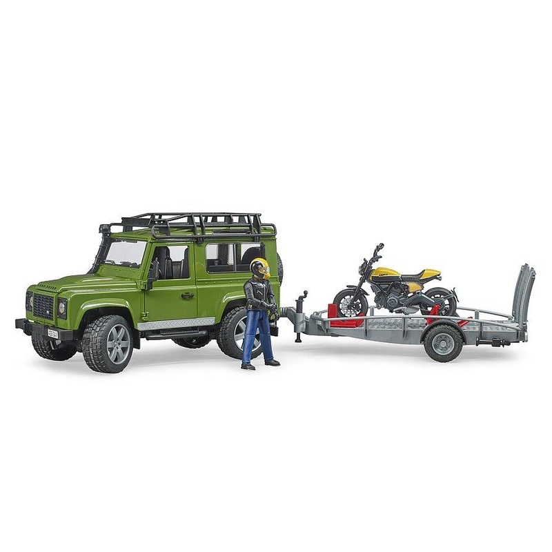 B02589 BRUDER LAND ROVER DEFENDER WITH TRAILER, SCRAMBLER DUCATI FULL THROTTLE AND DRIVER