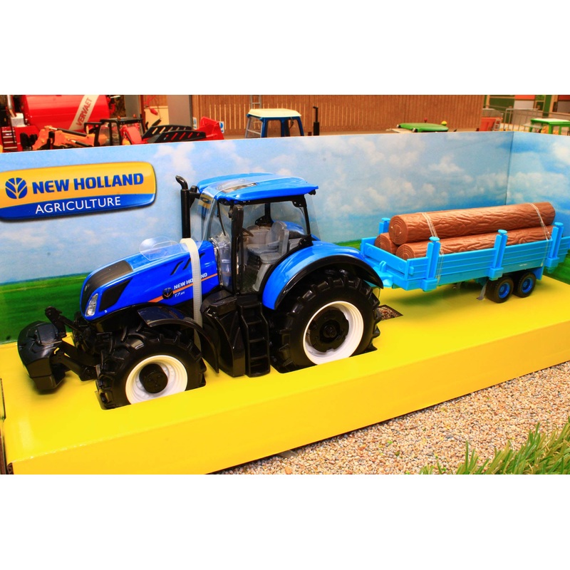 BUR44068 BURAGO 1:32 SCALE NEW HOLLAND T7 HD 4WD TRACTOR WITH LOG TRAILER