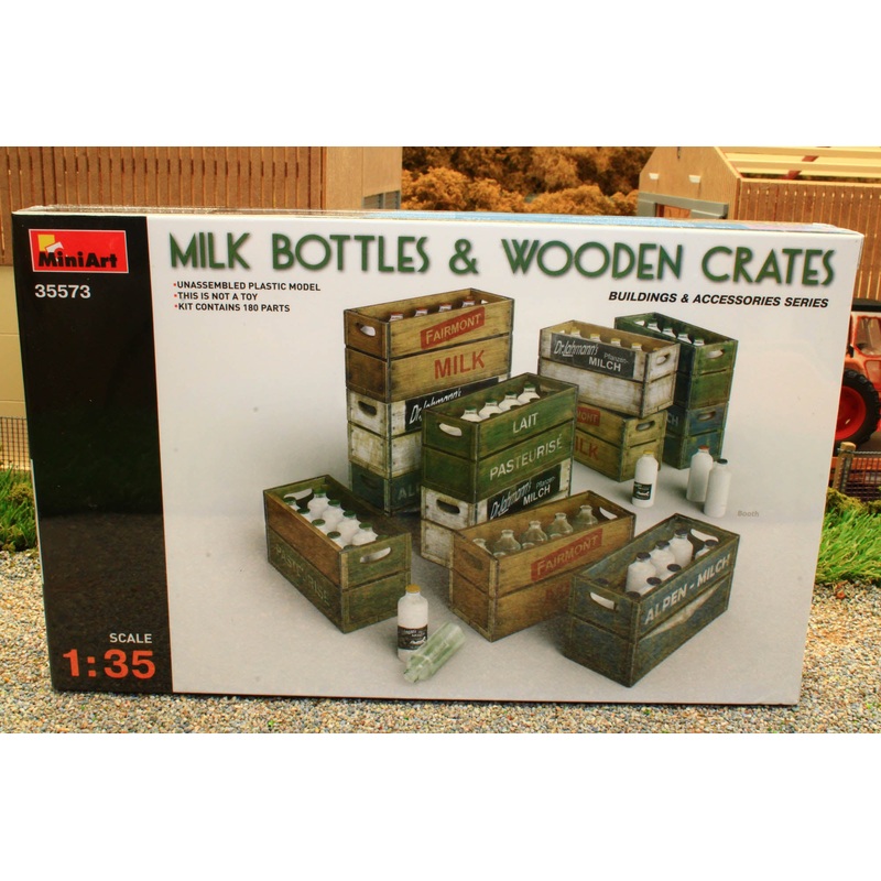 MIA35573 MiniArt 1:35 Scale Milk Bottles abd Wooden Crates Set