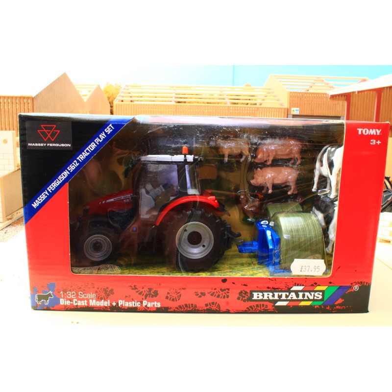 43205 Britains Build Your Farm Set Inc Massey Ferguson 5612 Tractor, Bale Carrier, Cows, Pigs, Sheep, Chickens Box Not 100%