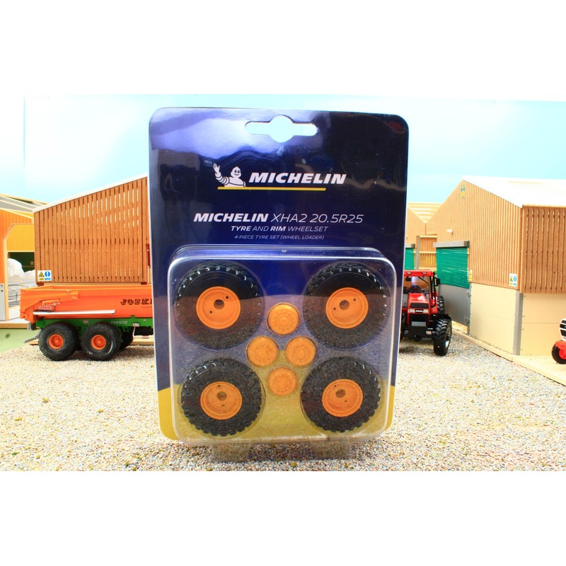 AT3200124 AT Collections Michelin 1:32 Scale 205 R25 XHA2 Tyres with yellow rims and hubs