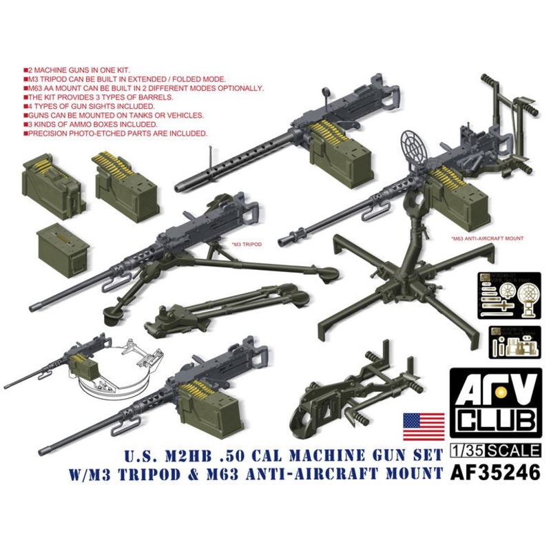 AFV Club 35246 1/35 U.S. M2HB .50 Cal Machine Gun Set w/M3 Tripod & M63 Anti-Aircraft Mount
