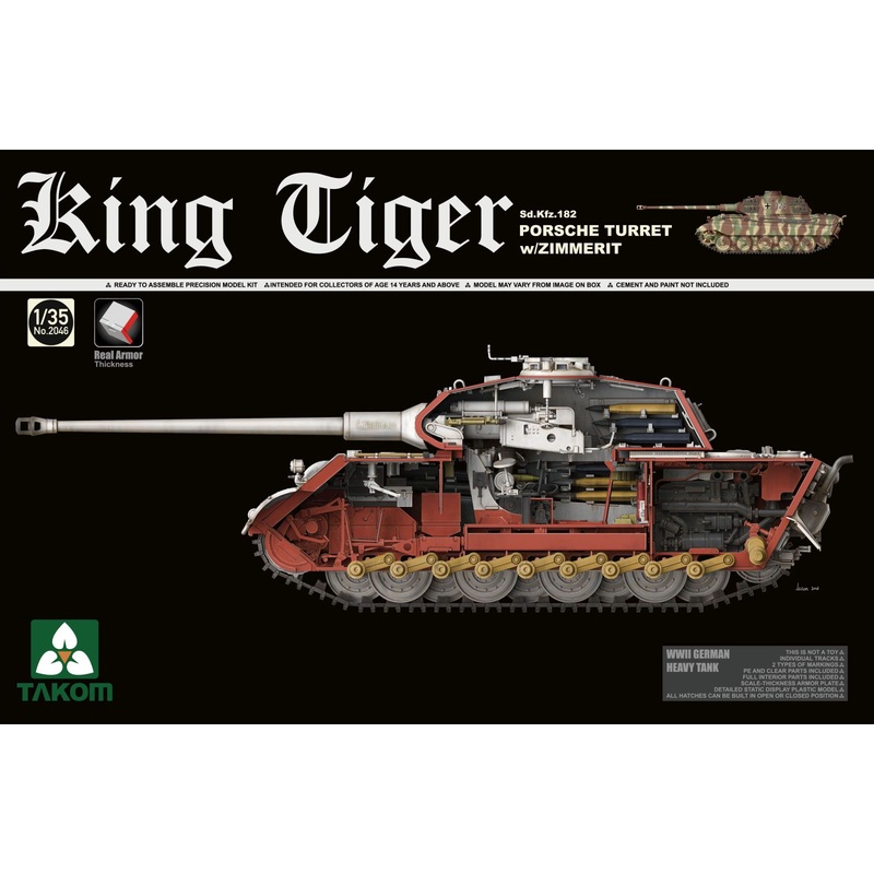 Takom 2046 1/35 WWII German King Tiger SdKfz 182 Porsche Turret Heavy Tank w/Zimmerit & Interior