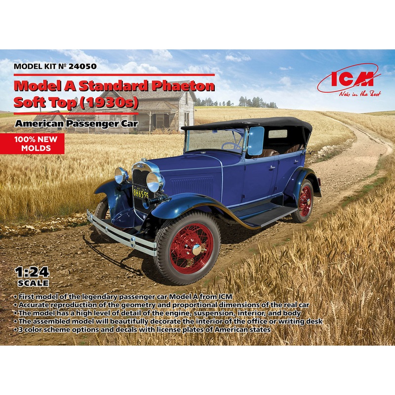 ICM 24050 1/24 Model A Standard Phaeton Soft Top (1930s), American Passenger Car (100% new molds)